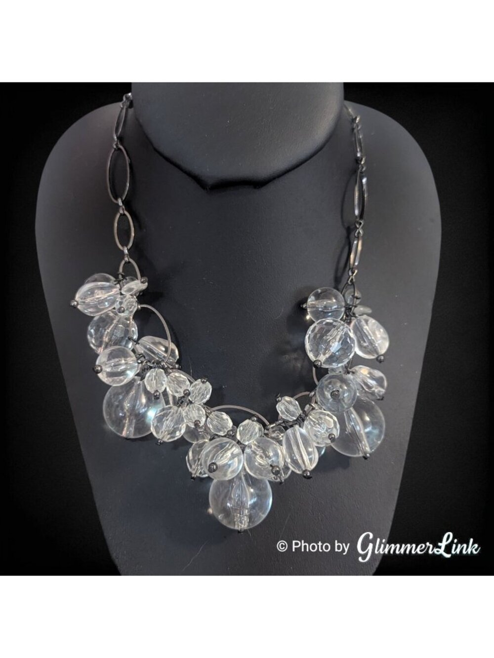 Black Tone Cluster Bib Statement Necklace Clear Acrylic Bubble Beads 16-18"